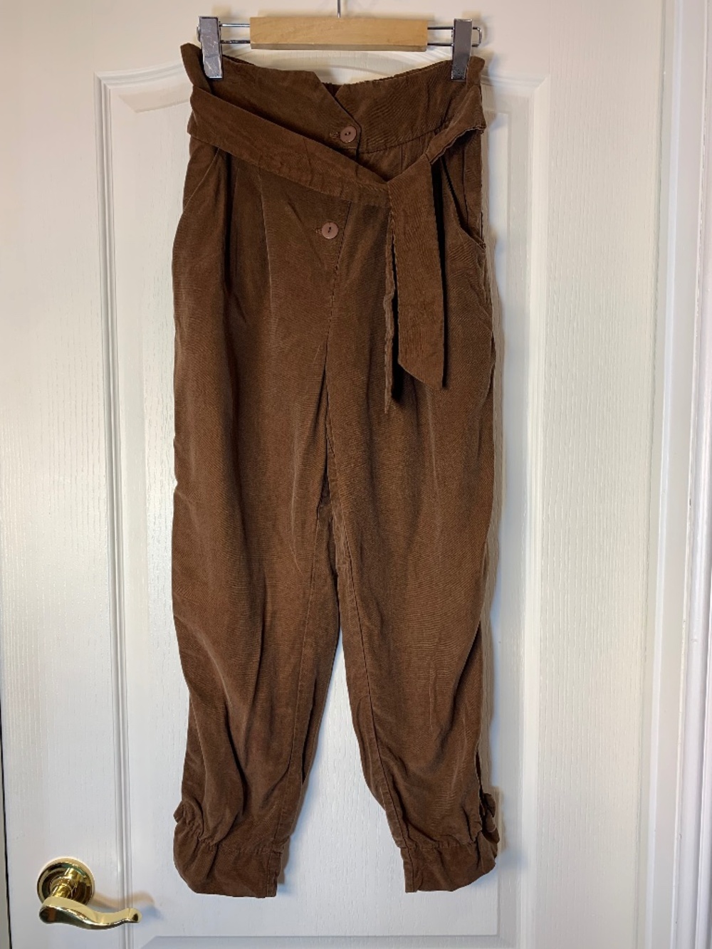 Cokluch Brown Cropped Pants Belted Waist Button Cuff Made in Canada Designer